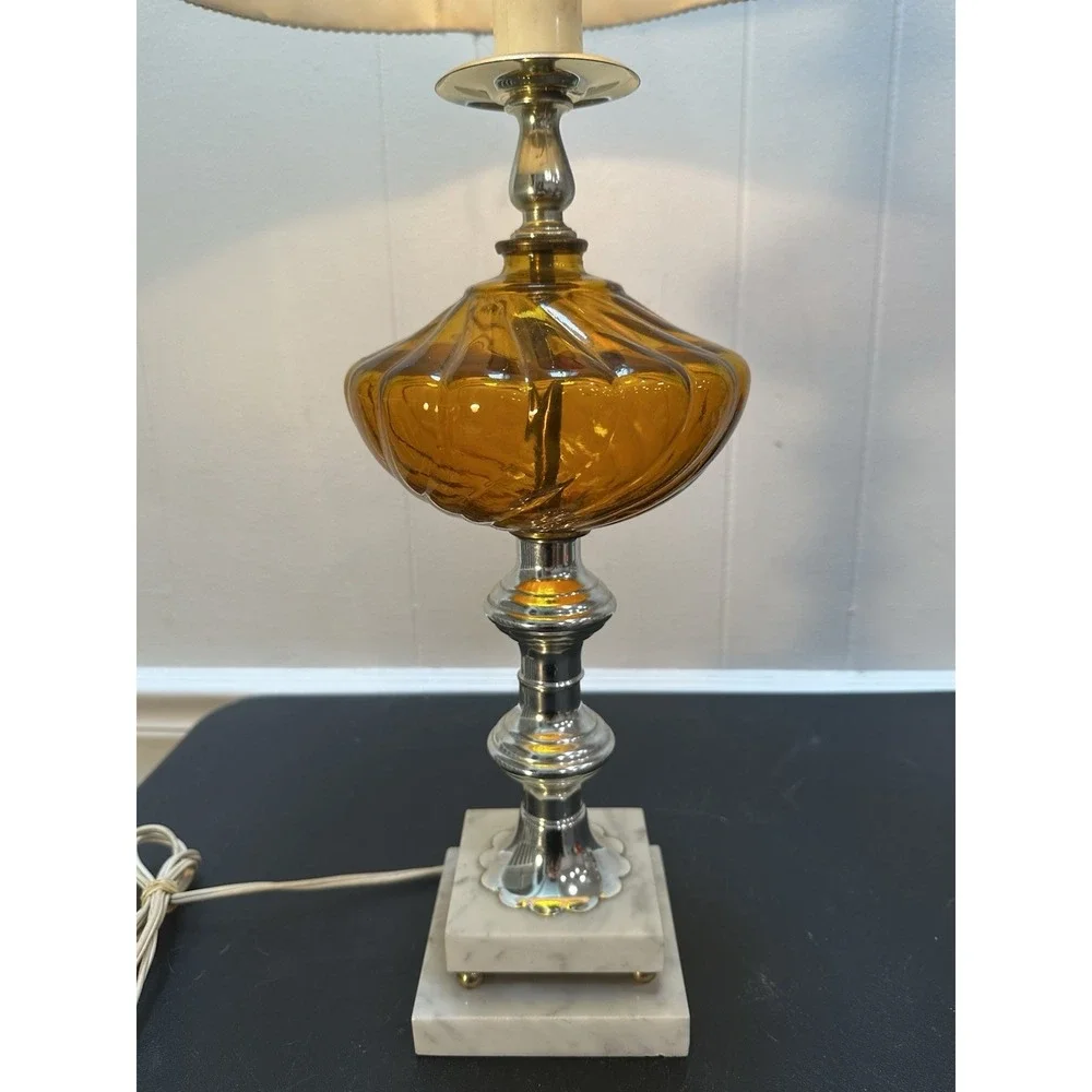 Vintage Amber Glass Table Lamp Marble Base Chrome Metal Pleated Shade‎ 29